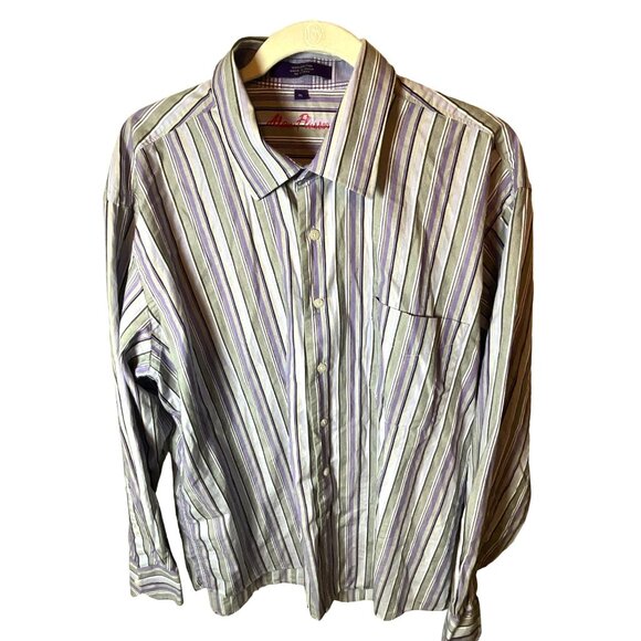Alan Flusser XL Purple/White/Gray Striped Button Up Shirt‎ Contrasting Sleeves - Picture 2 of 5
